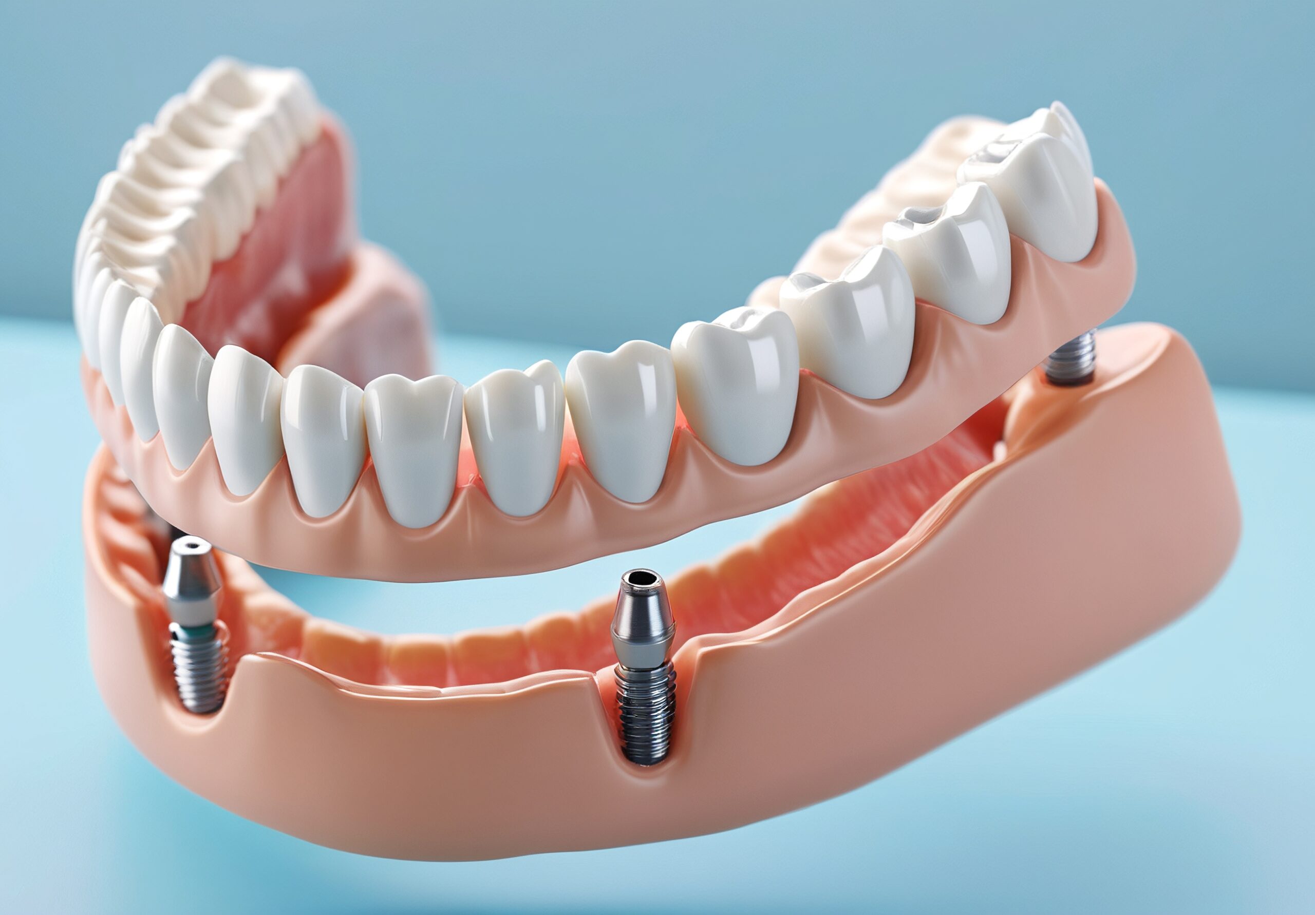 White dental implant. Dental implant. Implants can support a permanent single tooth crown, a multi-tooth bridge or even a full fixed denture. Generative AI